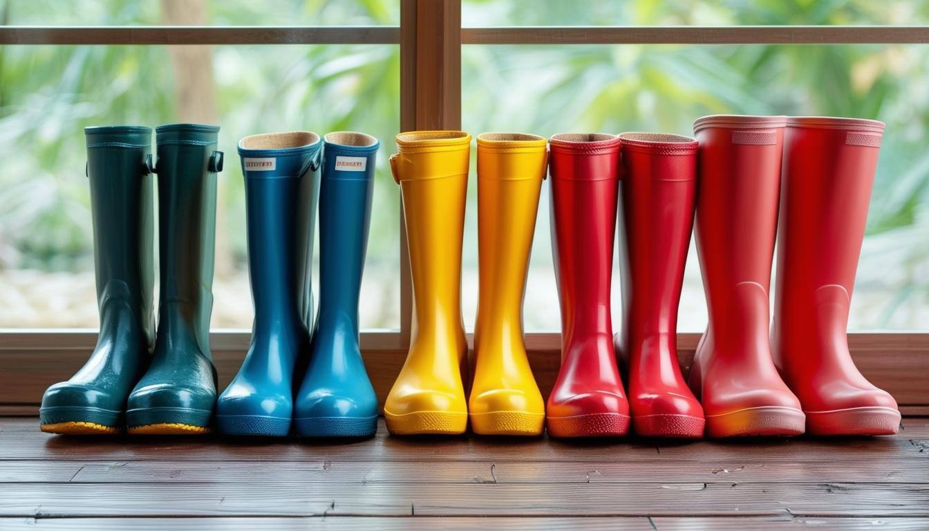 Please create an image showing 5 pairs of rain boots which are placed on wooden floor-1